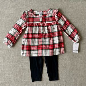 Toddler girl Carter’s holiday flannel shirt and leggings set.